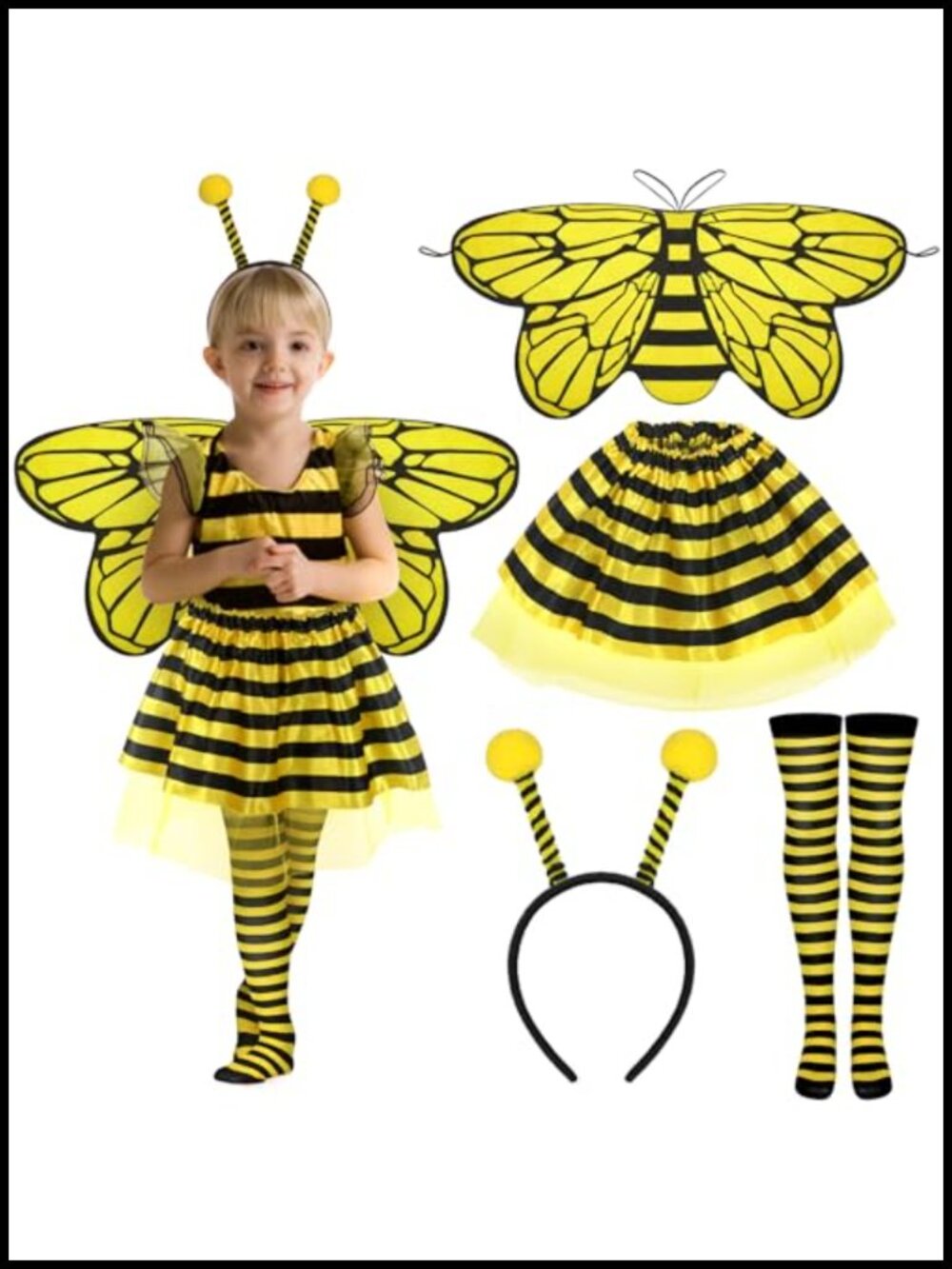Girls Bee Costume Set Tutu Wings Tights Headband Halloween Dress Up
